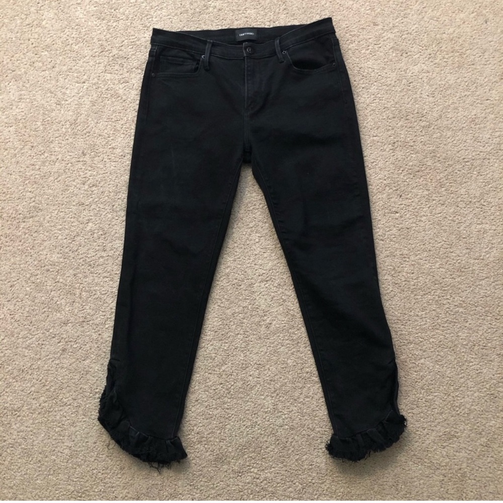 DRIFTWOOD Candace Mid Rise Ruffled Raw hem Cropped Black Wash Jeans size 27